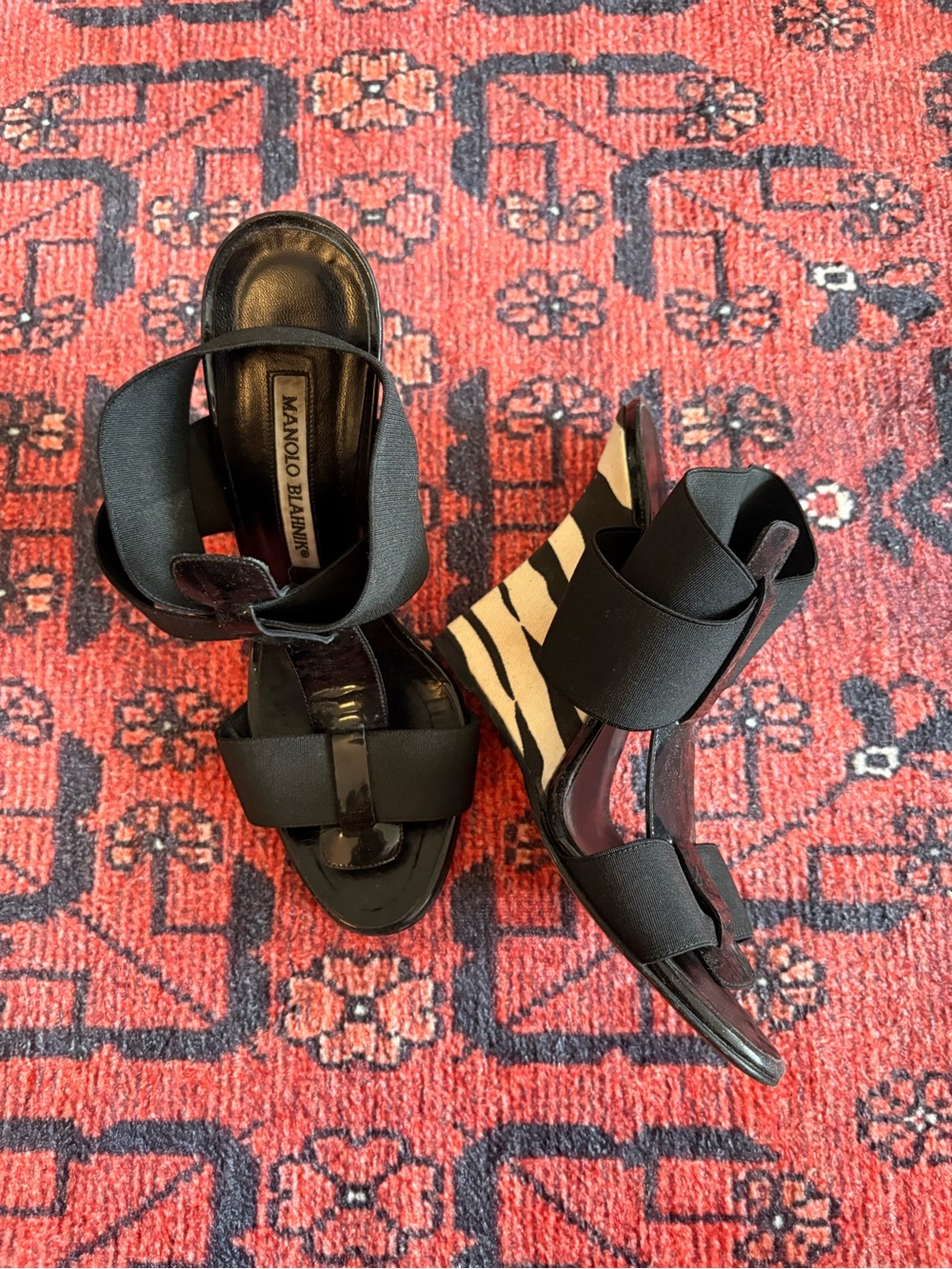 Manolo Blahnik Black Wedge Sandals with Zebra-Print Heel